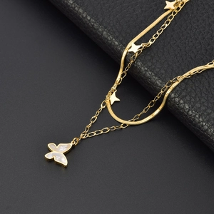 Double-layer gold stainless steel necklace with butterfly and star pendants on snake chain
