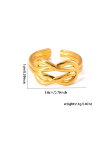 Detail view of woven infinity knot ring in 18k gold plating with exact size dimensions
