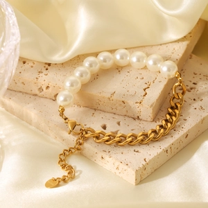 Splicing Bracelet 18K Gold Plated Stainless Steel Cuban Link And Round Artificial Pearl Chain Adjustable For Women Elegant Vintage