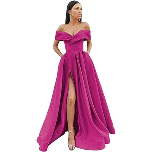Elegant off-shoulder rose pink satin evening gown with high waist and front leg slit
