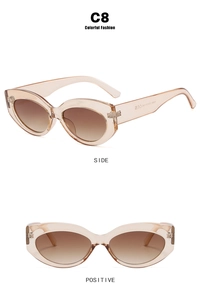 Detail view of champagne cat eye sunglasses with brown gradient lenses from two angles