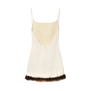 Off-white satin slip dress for women with brown faux fur trim and back zipper detail