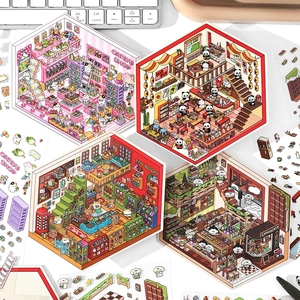 Isometric Scene Decorative Stickers DIY Journal PET Cardboard Mini Shop Landscape Toy Room Hot Pot Cute Stationery