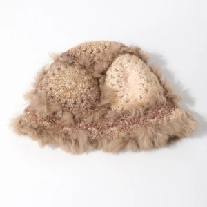 Winter rabbit fur knit bucket hat for women featuring warm ear protection and crochet texture
