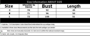 Detailed size chart with measurements for the floral embroidered knit cardigan in CM