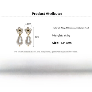 Detailed view of pearl flower earrings featuring alloy settings with sparkling rhinestones
