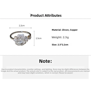 Detail of flower zircon ring showing dimensions 2.5x2.2cm and premium copper material