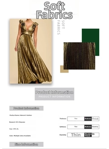 Detail showing metallic pleated evening gown texture and fabric composition table