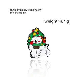 Cute white cat wearing Christmas tree hat enamel pin made of eco-friendly alloy