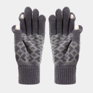 Close-up of gray knitted gloves with diamond pattern and touch-screen finger openings