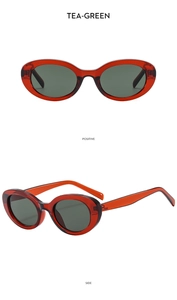 Detailed views of oval tea-green sunglasses with translucent frames and side profile