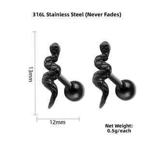 Detail view of black 316L stainless steel snake stud earrings with 13x12mm dimensions