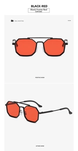 Front and side views of steampunk octagonal metal sunglasses with black frames and red lenses