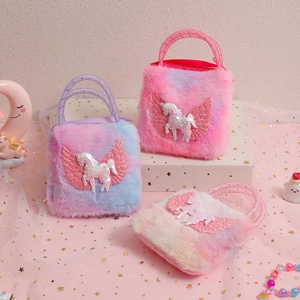 Plush unicorn shoulder bags for girls in pink, blue, and white with sequin wing details