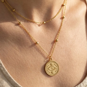 Collier double rang en acier inoxydable plaqué or 18k avec pendentif œil maléfique