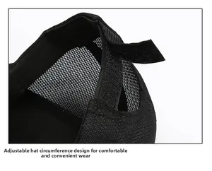 Detail of breathable mesh back with adjustable hook and loop strap on black baseball cap