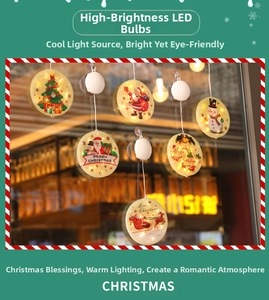 Detail of warm white LED Christmas sucker lights featuring Santa and snowman patterns