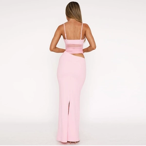 Back view of a pink bodycon maxi dress featuring mesh paneling and an open back design
