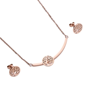 Elegant rose gold tree of life hollow necklace and stud earrings jewelry set for women