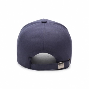 Navy blue baseball cap rear view with textured fabric and adjustable metal buckle