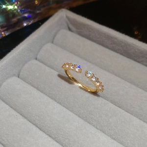 Macro shot of gold-plated adjustable ring with shimmering cubic zirconia in a jewelry box