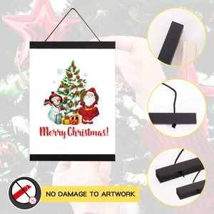 Detail of black magnetic wooden poster hanger showing damage-free art clipping system