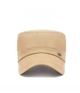 Front view of khaki cotton flat top cap with silver metal SPORT logo and fine stitching