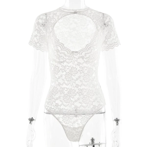Chic white lace bodysuit with intricate hollow-out floral patterns for women