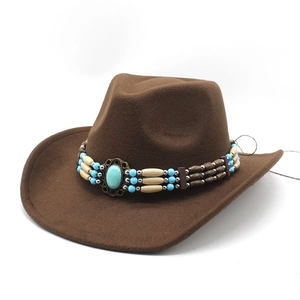 Chapeau de cowboy en feutre de laine marron foncé avec bande décorative en turquoise