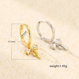 Sweet S925 silver bow earrings with crystals, 21.2mm length and 8.5mm inner diameter