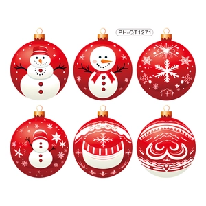 Set of six red Christmas ball ornaments with white snowman and snowflake patterns