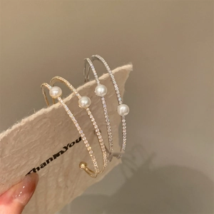 French style double-layer pearl bangle with sparkling zircon and gold-plated finish