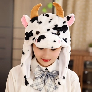 Cute cow pattern plush hat with scarf and moving ears for winter cow mascot cosplay costume