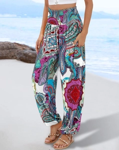 Detail of high waisted bohemian paisley print lounge pants with elastic smocked waist