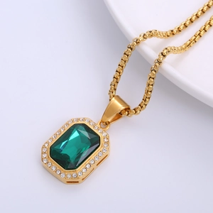 Hip hop 18k gold plated stainless steel necklace with emerald cut gemstone pendant