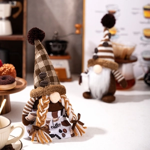 Detail of coffee gnomes with knitted hats and coffee bean motifs in cozy cafe setting