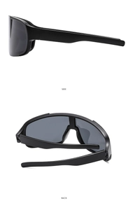 Detailed side and back views of matte black cycling sunglasses with dark grey lenses