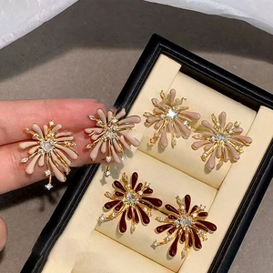 Firework Flower Stud Earrings With Enamel Zircon And 925 Sterling Silver Earring Post Elegant Vintage Jewelry