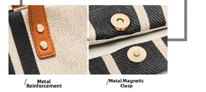 Detail showing the durable metal rivet reinforcement and magnetic closure of the tote bag