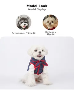 Detail view of blue quilted pet vest with red bow and doll collar for small dogs
