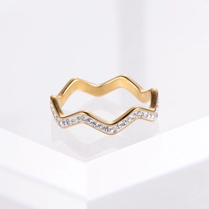 Minimalist wavy gold plated stainless steel ring with micro-paved white cubic zirconia