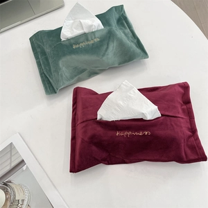 Detail of velvet tissue pouch showing Happiness embroidery and rich velvet texture