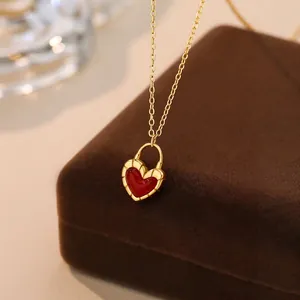 Red Agate Heart Pendant Necklace 925 Sterling Silver Gold Plated Clavicle Chain Elegant Jewelry For Women Gift