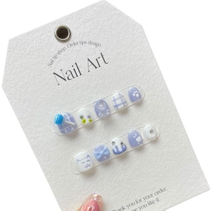 Handmade light purple and white press-on nails for kids with 3D bears and floral patterns
