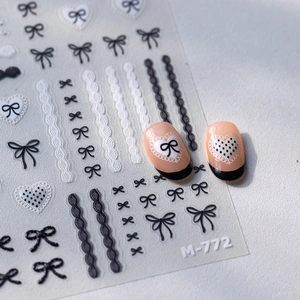 Sweet Lolita black and white bow nail stickers M-772 with lace and polka dot patterns