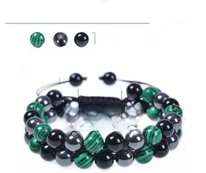 Detailed specs of 8mm malachite and obsidian double-layer beaded bracelet with adjustable cord