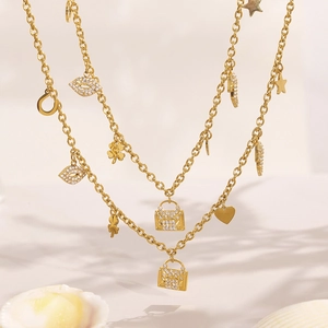 18K gold plated stainless steel layered necklace with heart clover and star charms