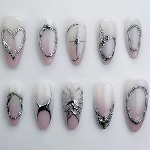 Fashionable Y2K Chrome Liquid Metal Heart Star Press On Nails Pink White Ombre Almond 3D Silver Graffiti Nails For Women