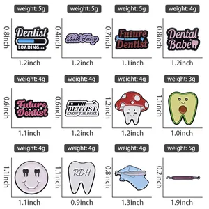 Detailed size chart for 12 creative enamel tooth pins and dental hygiene lapel badges