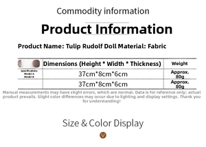 Size specifications table for tulip gnome dolls showing 37cm height and material details
